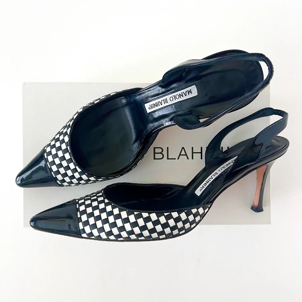 MANOLO BLAHNIK | Carolyne Cap Toe Woven Leather SlingBack Pointed Pumps - Picture 2 of 16